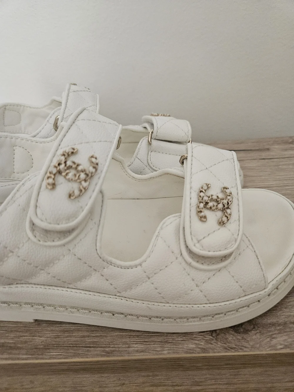 Cream Quilted Velcro Sandals with Gold CC Hardware